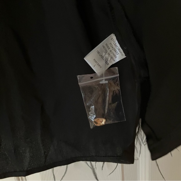 VICI Hollywood Nights Satin Feather Trim Button Up Blouse Black Large L NEW NWOT - Picture 10 of 11
